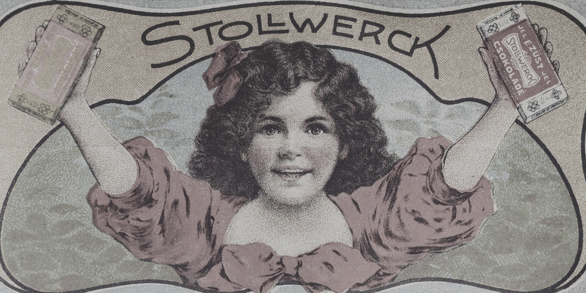 An old advert of a girl holding up two Stollwerck products with the logo above her. This is to give a visual of what adverts typically looked like in the pre digital era.