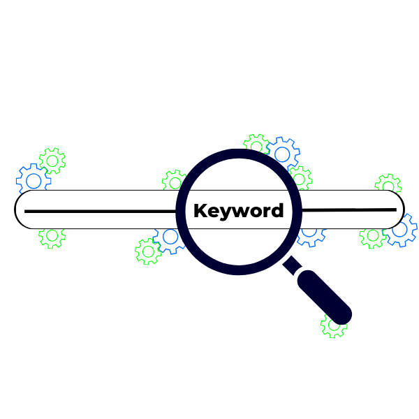 A graphic of a search bar with the word 'keyword' in the centre and a magnifying glass highlighting the word. Surrounding the image are blue and lime green cog wheels.