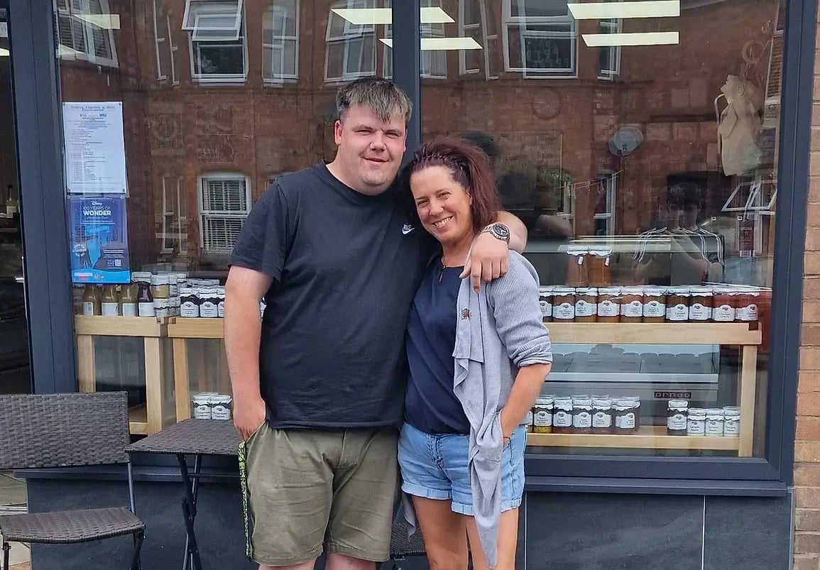 An image of the owners of for the love of pies, Phil and Ann stood together smiling outside