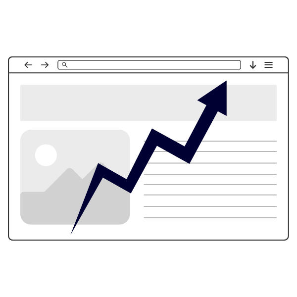 A graphic displaying the outline of a website tab with a big arrow gradually pointing up in the centre.