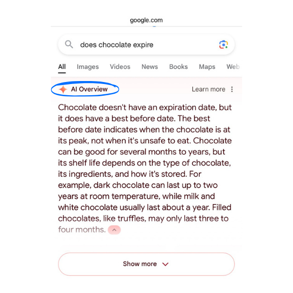 An example of what SGE would look like in Google. At the top is the question 'does chocolate expire'. Below is a small section titled 'AI overview', displaying the answer to that question.