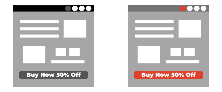 Two icons showing the relevance of colour psychology in marketing. The left icon shows a product page with a grey call to action, while the right icon shows the same but the call to action is red and stands out