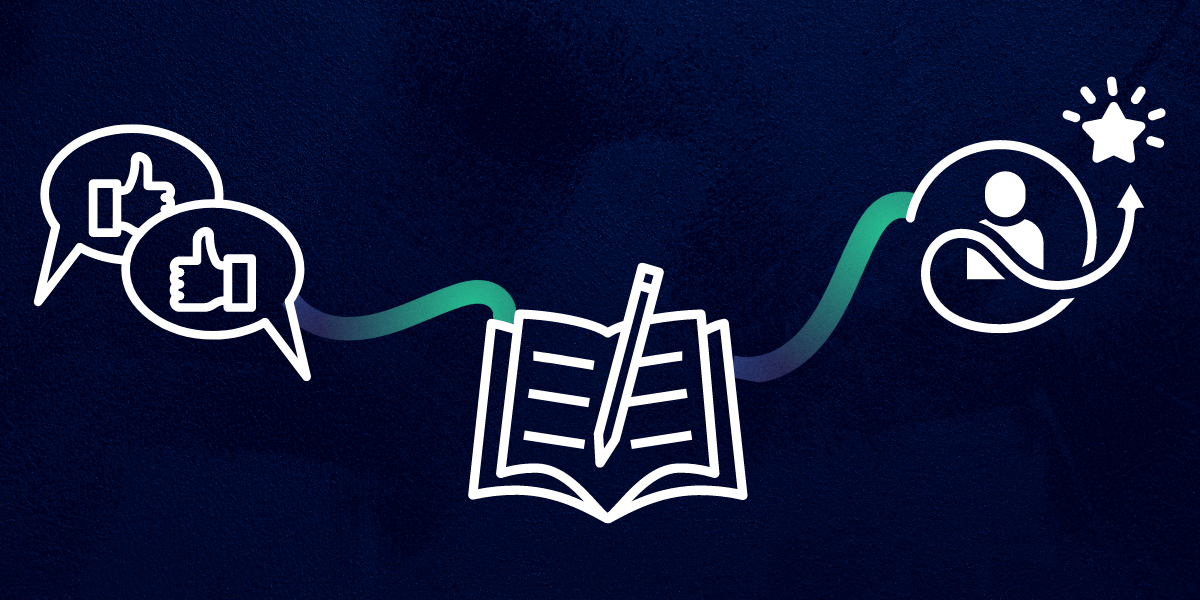 A graphic of our navy blue colour for the background, with 3 icons which are connected. The first icon is two speech bubbles containing a thumbs up. The second is a book with a pen to represent resources. The final is a person inside a swirl arrow which points upwards to a star. 