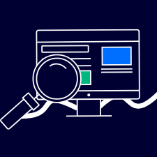 A line illustration of a computer with a magnifying glass over it to represent the SEO services at LoudLocal