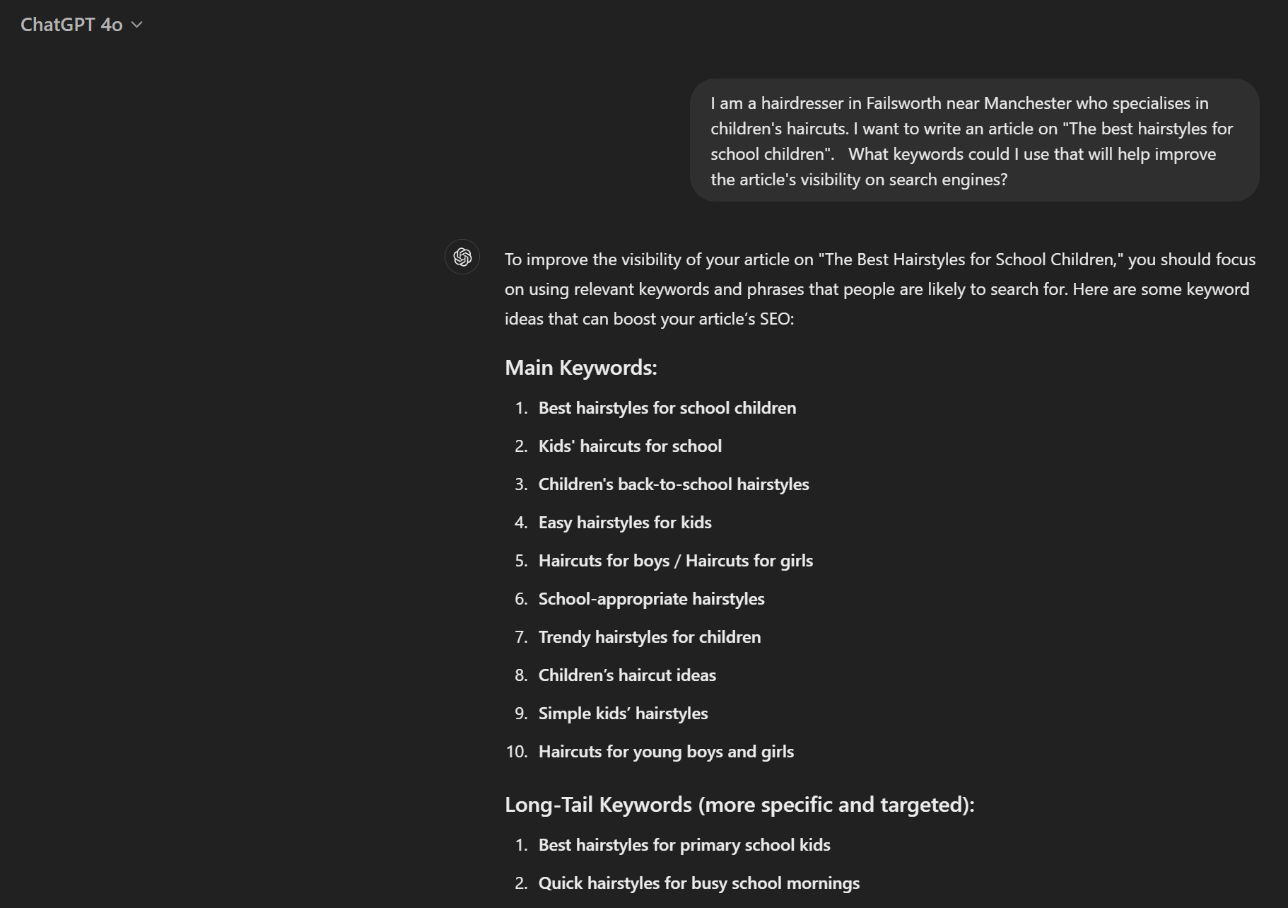A screenshot of ChatGpt showing a query for a hairdresser in Manchester asking for a what keywords to optimise for.