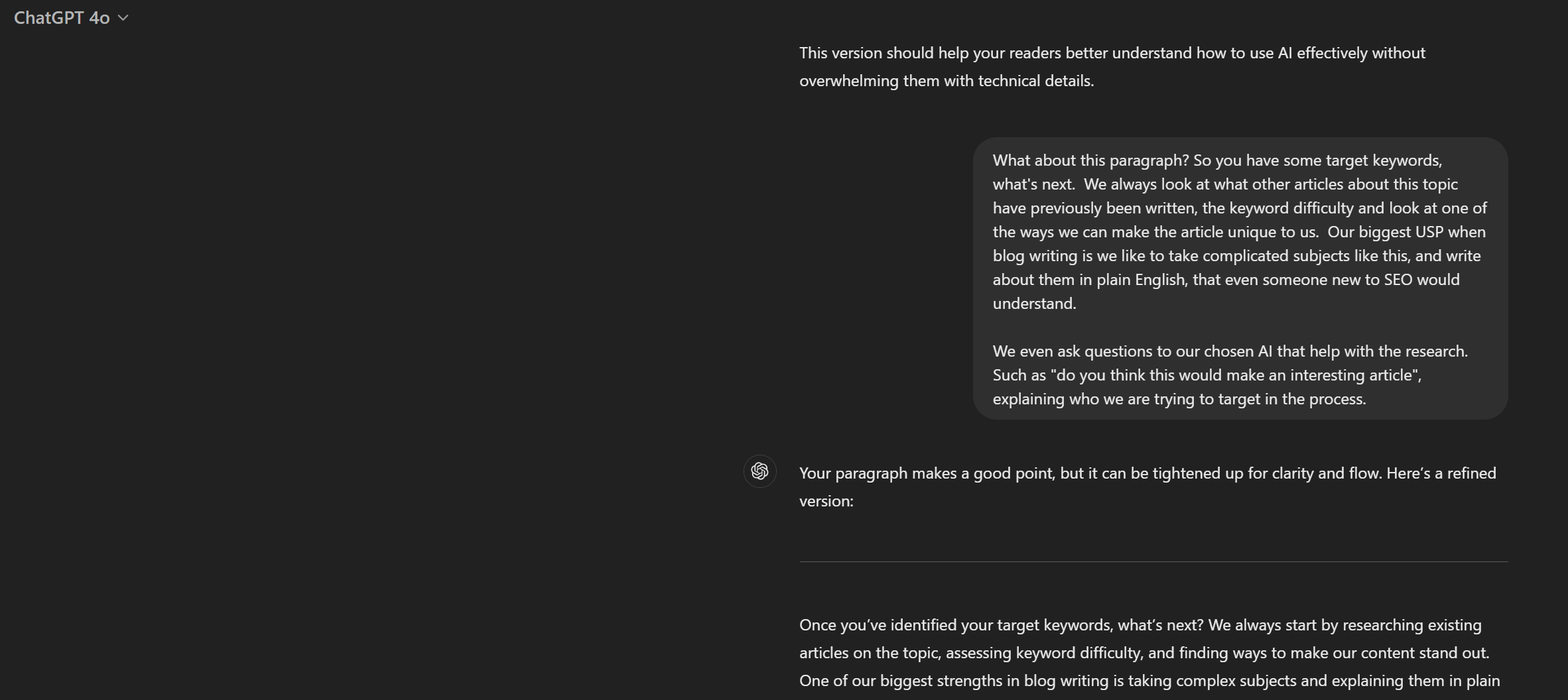 An AI Prompt where I've asked it a second question as part of the article I am writing, so it is using the data I have already inputted to understand my query