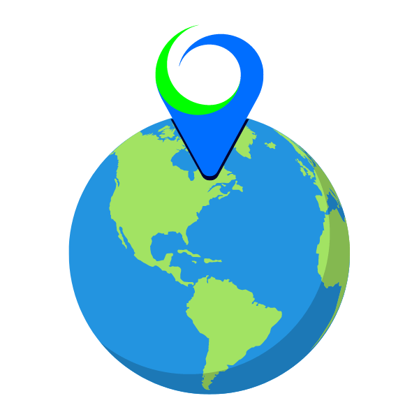 A graphic of the earth with our logo, a pin, to represent being in a location.