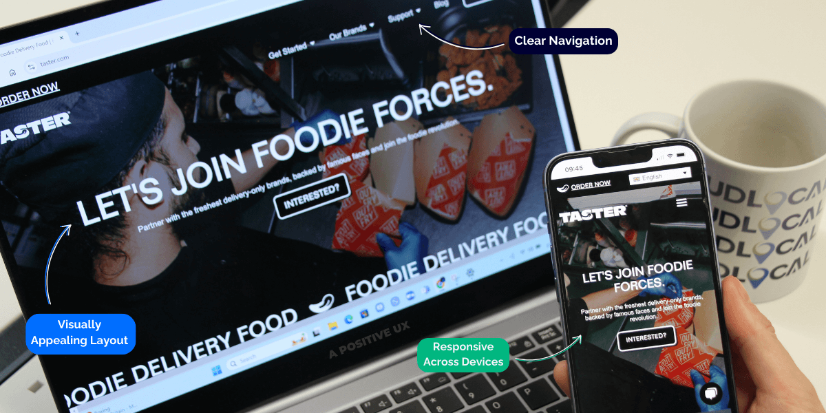 A page from Tasters's website, one of our clients, shows arrows coming off and how their website is UX optimised. We showcased how it is visually appealing, has straightforward navigation, and is responsive across devices.