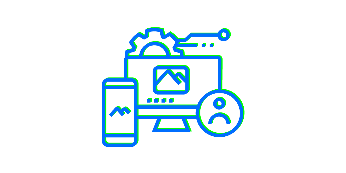 A graphic of a phone, laptop, profile icon, and cogwheel in our lime green and blue colours. The green colour is placed behind, creating a glitch effect.