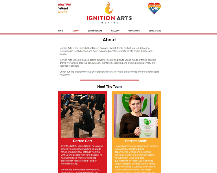 This image shows an image of the new ignition arts website about page