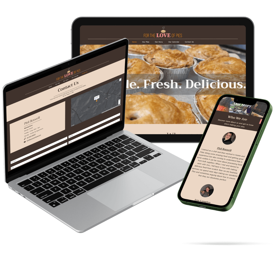 An Image showing For The Love Of Pies, responsive website design - shown on an ipad, phone and website 