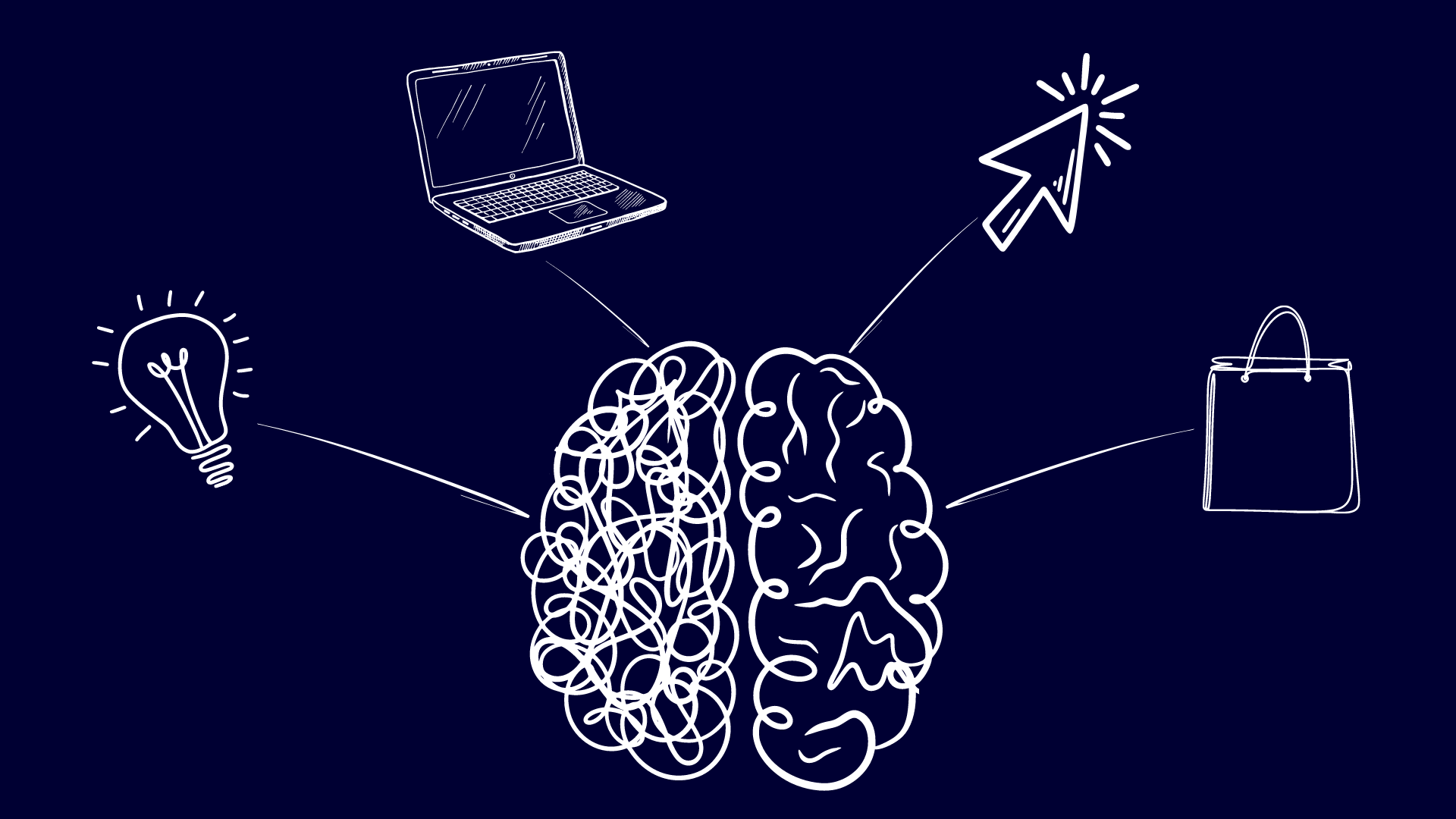 An image of white chalk drawn icons on a dark blue background used to express the importance of Behavioural Psychology in Marketing. The icons show a brain linking to a light lightbulb, laptop, mouse cursor, and shopping bag.