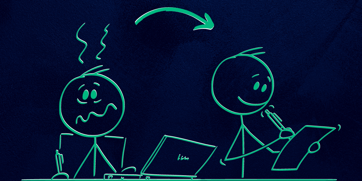 A drawing of a stick man, on the left he is visibly stressed whilst at his desk, with a frown and bags under his eyes. On the right he's happy and working productively by writing on paper. In between the images is an arrow connecting the two, indicating the left is before and the right is after.