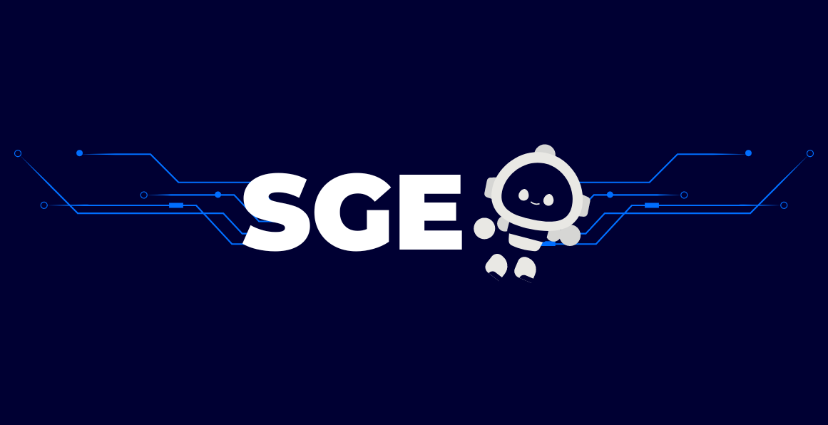 Cover art for our SGE blog, displaying a the letters SGE, a tiny robot, and blue lines to symbolise AI