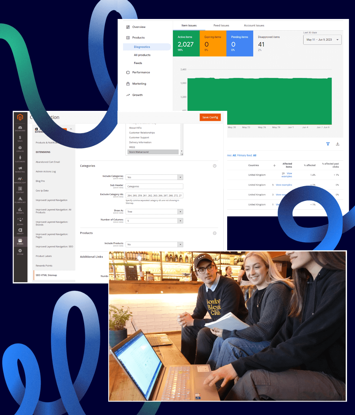 The Magento dashboard with Google merchant centre in the background, showing client work we did on e-commerce SEO.  Also includes a picture of the LoudLocal team using SEMrush in a local pub