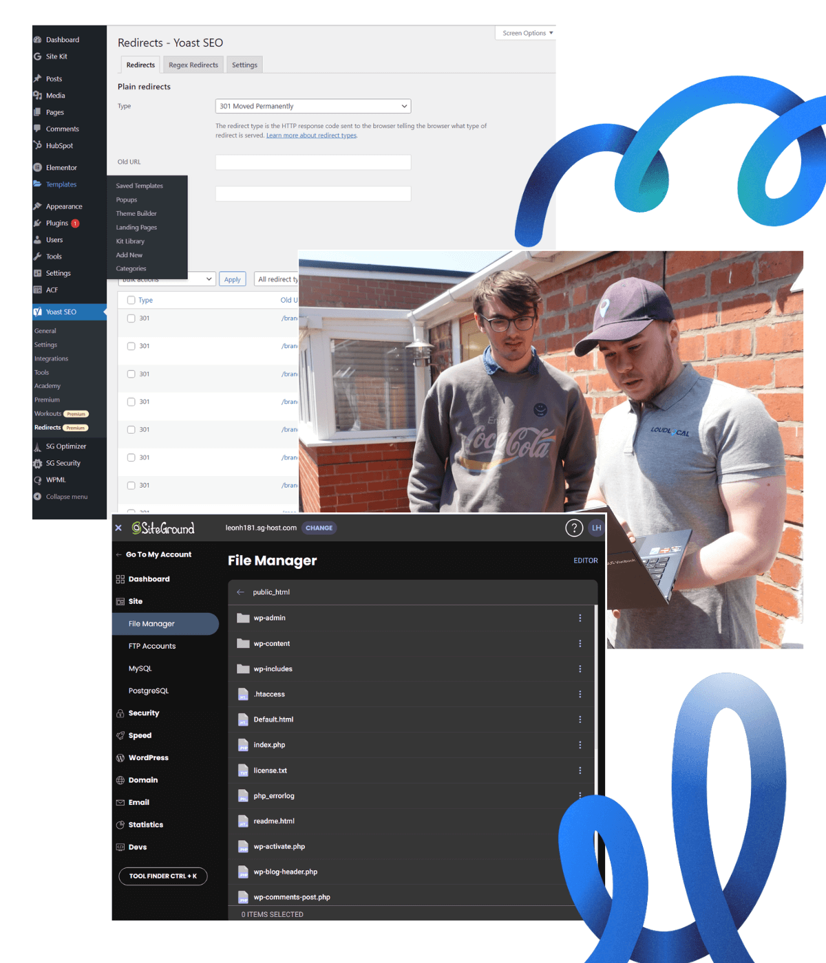 Technical SEO image showing redirects using Yoast SEO on Wordpress, Siteground dashboard showing in dark mode showing the file manager too.  Toby and Michael talking about e-commerce outside of the LoudLocal office. 