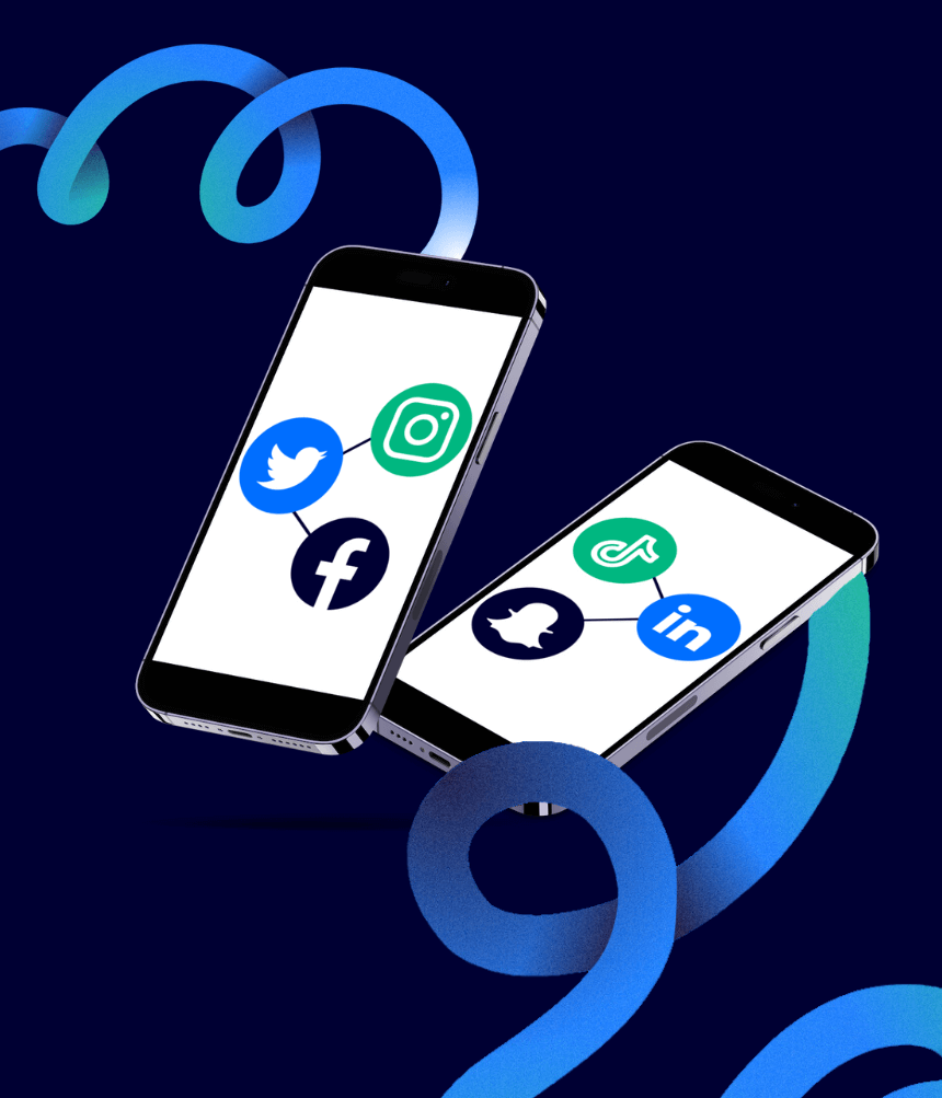 two iphones on a dark blue background with LoudLocal branded dotted effects and X's in each corner. The iphones have different diagrams of social media platforms linked together to symbolise the importance of digital content and social media marketing