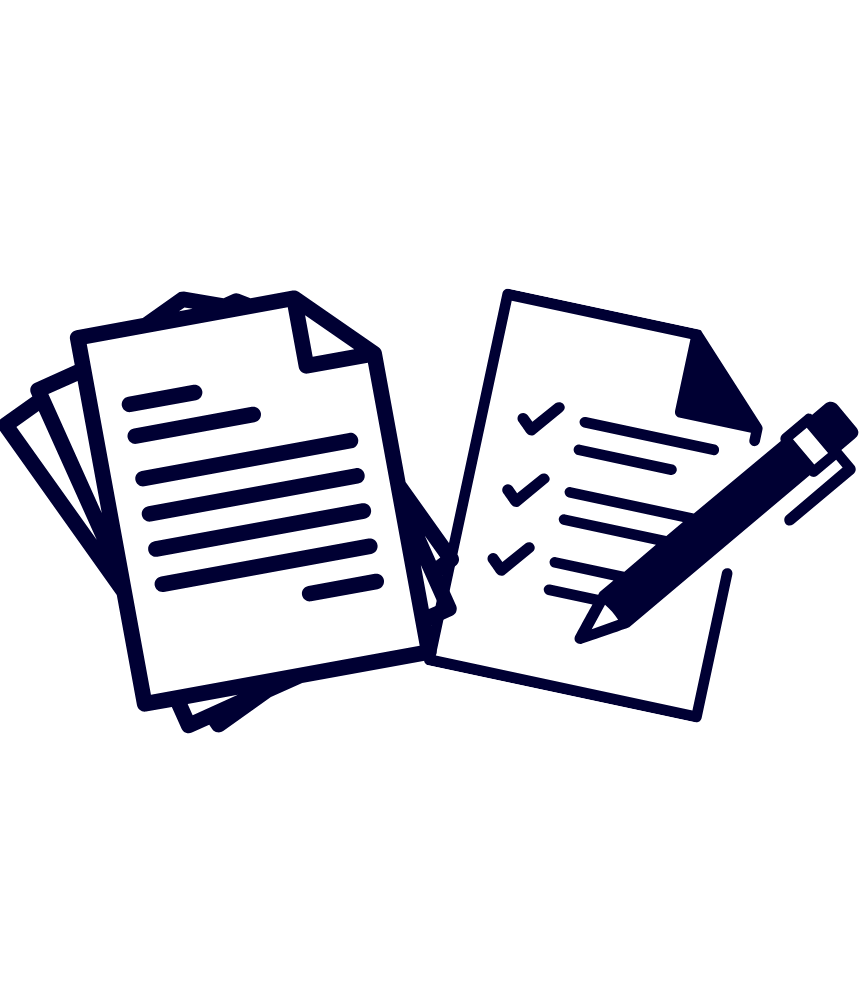 A graphic of two stacks of documents containing lines to indicate writing with a pen on top